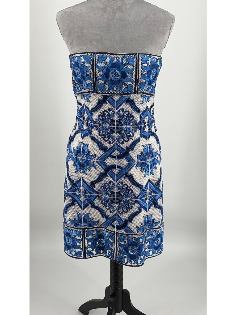 Dolce & Gabbana Majolica Embroidered Strapless Mini Dress Blue White Tile IT 46